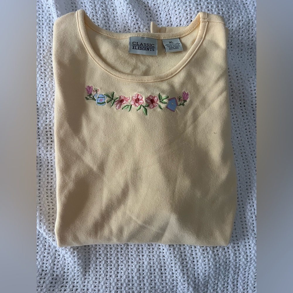 Vintage 80s Classic Elements Soft Yellow Top with Pink Floral Embroidery